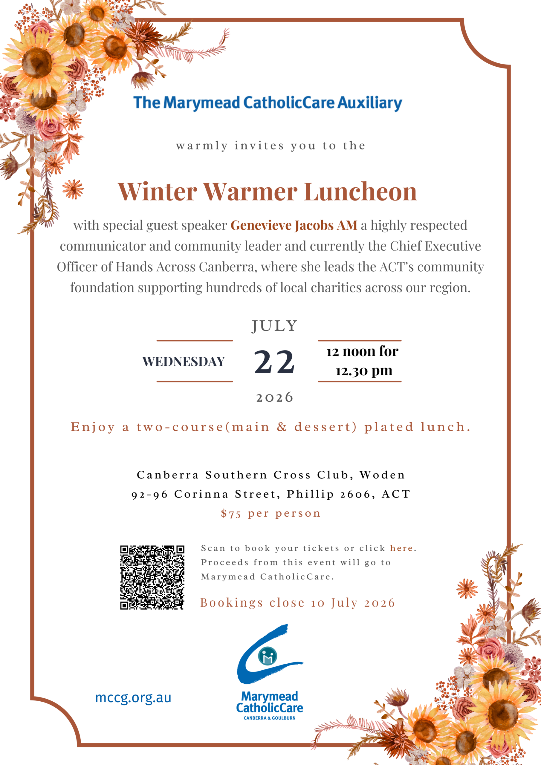 Floral-bordered invitation for The Marymead CatholicCare Auxiliary Winter Warmer Luncheon with date and venue details.